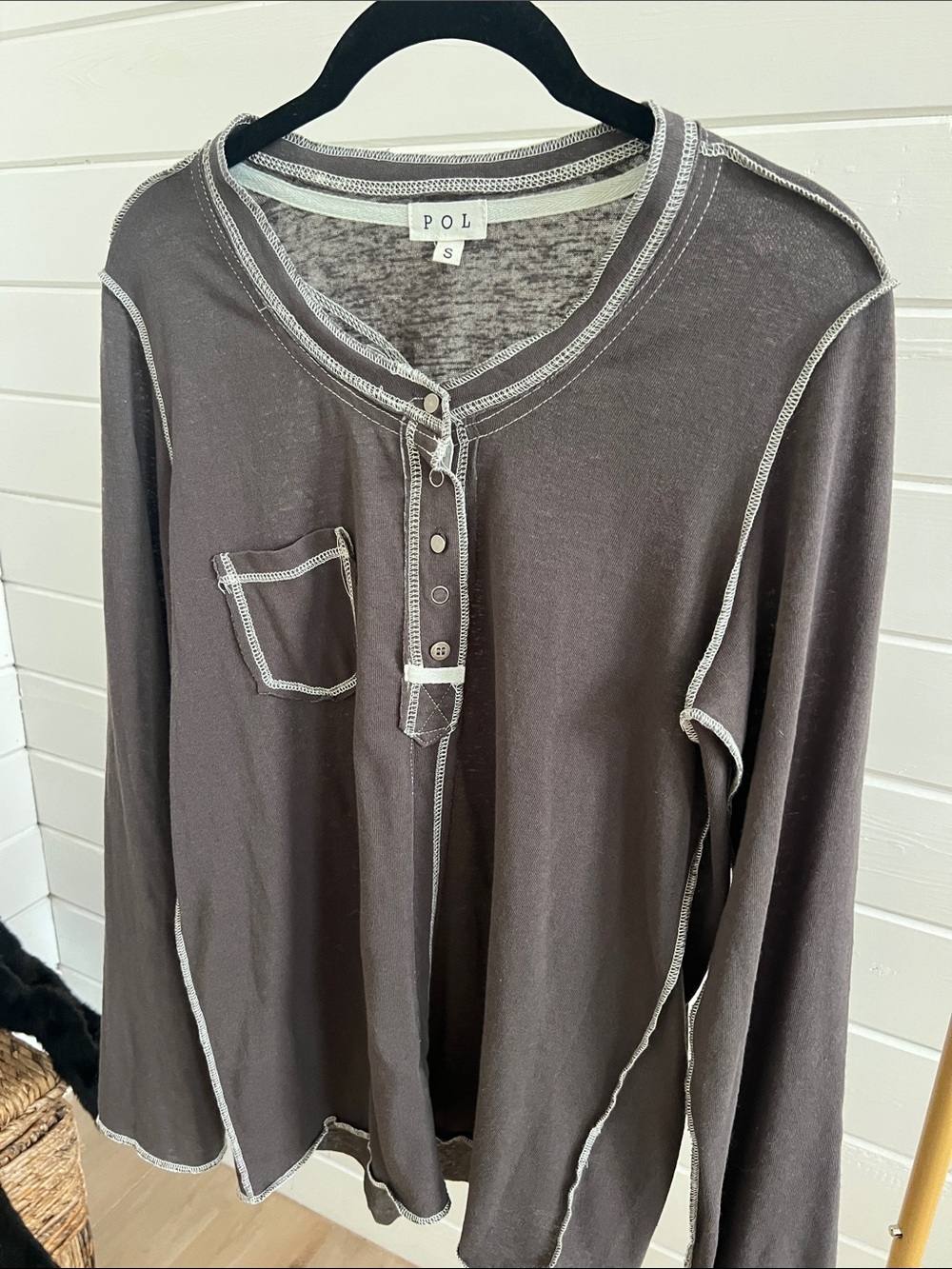 POL Charcoal Grey Long-Sleeve Henley with Contrast Stitching